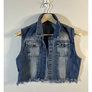 Helium London Womens Jean Vest Boho Grunge Crop Wash Y2K Raw Hem Sz L
